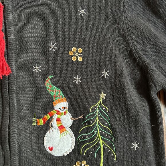 Vtg ML Design Sweater Size L Black Christmas Cardigan Winter Snowman Zip - Picture 5 of 7